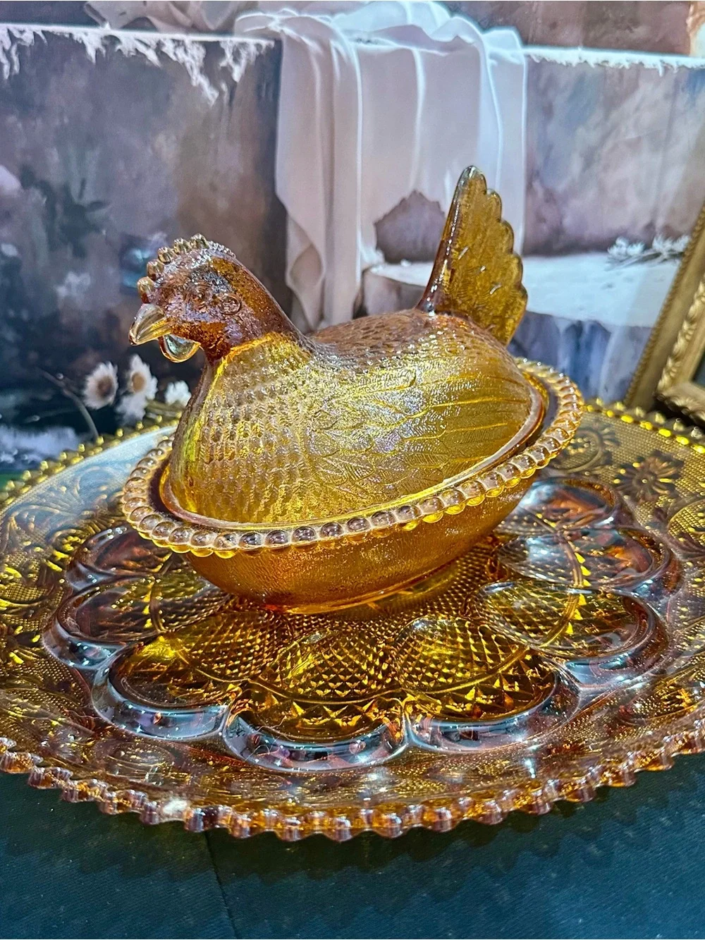 Amber Indiana Glass Hen On Nest w/ Amber glass Tiara pattern deviled egg  plate
